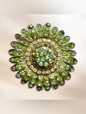 Vintage Green and yellow Rhinestones Flower Brooch/Pendant- 2 in 1